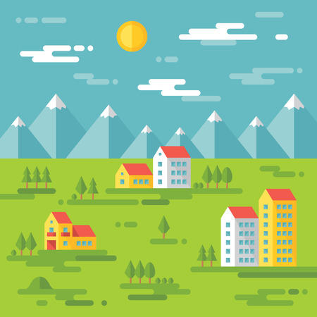 Landscape with buildings - vector background illustration in flat style design. Buildings on green background. Real estate, cityscape, landscape vector illustration. Design elements.のイラスト素材