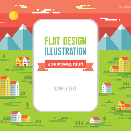 Landscape with buildings - vector background illustration in flat style design. Text frame background. Design elements.のイラスト素材