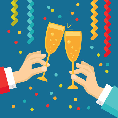 Holiday vector concept illustration in flat style. Human hands with glasses with champagne, streamers and confetti. New year and Christmas flat illustration.のイラスト素材