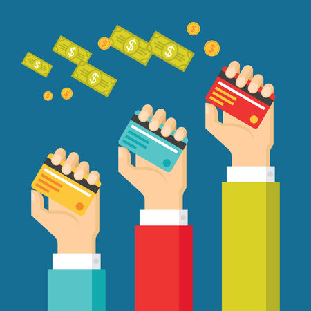 Human Hands with Cards and Dollars Money - Concept Illustration with in Flat Design Style for presentation, booklet, website and other design projects.のイラスト素材