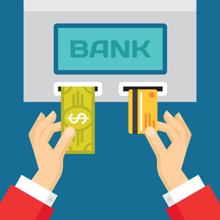 Human Hands with Plastic Card and Dollar - ATM Concept - Business Trend Illustration in Flat Design Style for presentation, booklet, web site etc.のイラスト素材