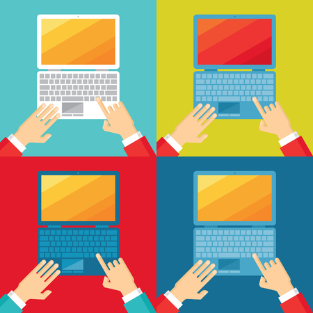 Human hands and computer notebook in flat design style. Different colors. Design elements.のイラスト素材