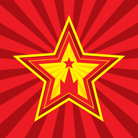 Star with Kremlin symbol - vector concept illustration in Soviet Union agitation style. Russia and USSR symbol. Moscow symbol. Red background. Minimal style. Design element.のイラスト素材