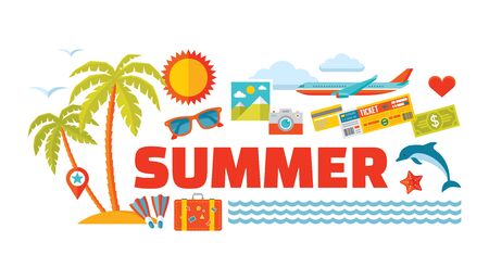 Summer - vector  word with icons in flat style. Summer illustration. Summer icons set. Design elements.のイラスト素材