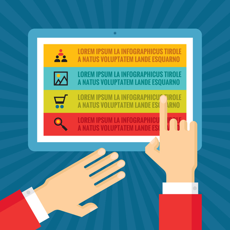 Human hands with information blocks on tablet screen - infographic business concept - vector concept illustration in flat style design for creative projects.のイラスト素材