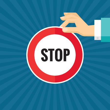 Human hand with stop sign - concept vector illustration in flat style design for creative projects. Human hand and circle with sample text. Design element.のイラスト素材