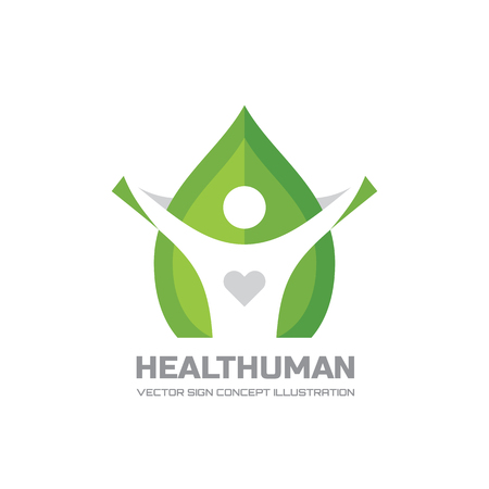 Healt Human - vector logo Concept illustration in flat style design. Human character logo sign. Leaf logo sign. Healthcare logo sign. Nature logo sign. Green life logo sign. Vector logo template.のイラスト素材