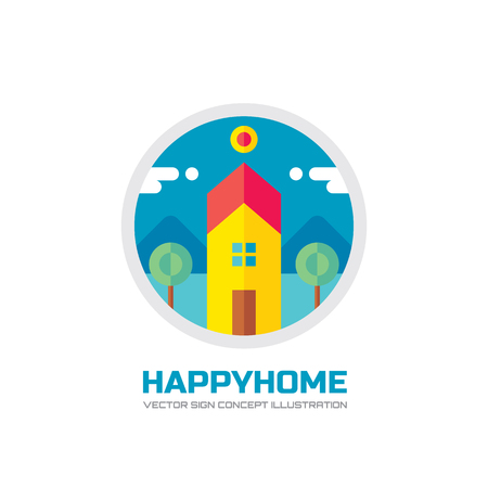 Happy home - vector logo concept illustration in flat style design. House logo sign. Home logo sign. Building logo sign. Real estate logo sign. Cottage logo sign. Farm logo sign. Vector logo templateのイラスト素材