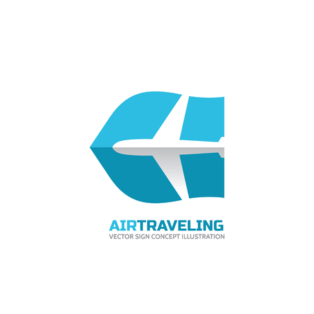 Air traveling - vector logo concept. Aircraft illustration. Airplane logo. Tickets company logo. Minimal classic style. Airplane silhouette for transportation and travel company. Travel agency logo.のイラスト素材