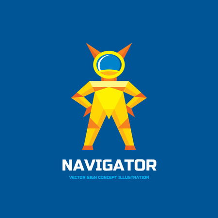Navigator - vector logo concept illustration in flat style design. Astronaut cartoon logo sign. Cosmonaut logo sign. Alien astronaut in space suit in cartoon style.のイラスト素材