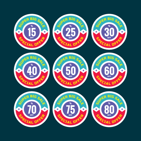 Sale concept  - 15, 25, 30, 40, 50, 60, 70, 75, 80 off - special offer. Sale circle  stickers. Sale set. Sale stickers set. Sale template.のイラスト素材