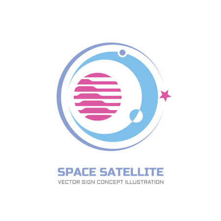 Space satellite vector logo concept illustration in classic graphic style. Astronomy logo sign. Abstract planets illustration. Solar system concept illustration. Galaxy sign. Space logo. Planets logo.のイラスト素材