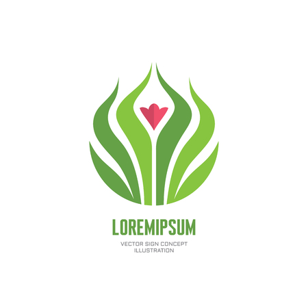 Flower - vector logo concept illustration. Flower with leaves vector illustration. Leafs logo sign. Organic product logo. Nature logo. Ecology logo. Vector logo template. Design element.のイラスト素材