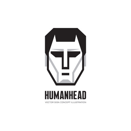 Human character head vector logo concept illustration for business company, website, computer game and other projects. Man face creative illustration in black, white and gray colors. Design element.のイラスト素材