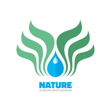 Nature ecology - vector template concept illustration. Leaves and drop sign. Bio organic product symbol. Design element.のイラスト素材