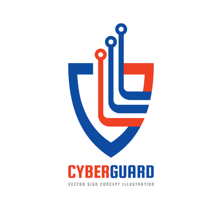Cyber ??guard - vector logo template concept illustration. Shield and electronic computer chip creative sign. Protection antivirus symbol. Design element.のイラスト素材