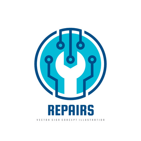 Repair service vector logo template concept illustration. Wrench symbol. Abstract technology electronic sign. Design element.のイラスト素材