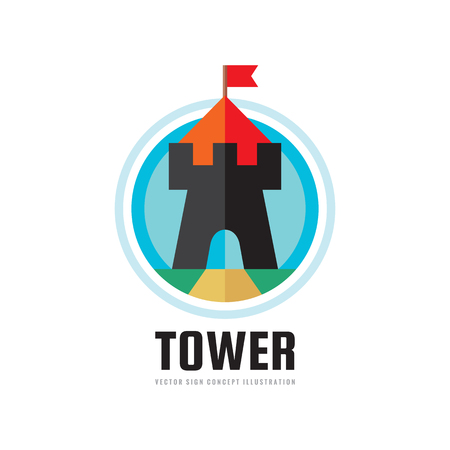 Tower - concept logo template vector illustration in flat style. Castle with red flag. Fortress abstract symbol. Graphic design element.のイラスト素材