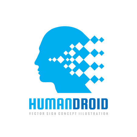 Techno human droid head vector logo concept illustration. Creative idea sign. Learning icon. People computer chip. Innovation technology symbol. Digital modern communication. Manager.のイラスト素材
