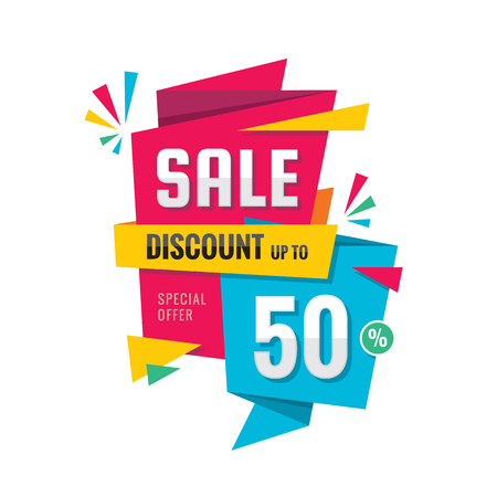 Sale - vector creative banner illustration. Abstract concept discount up to 50% promotion layout on white background. Special offer sticker in origami style. Design elements.のイラスト素材