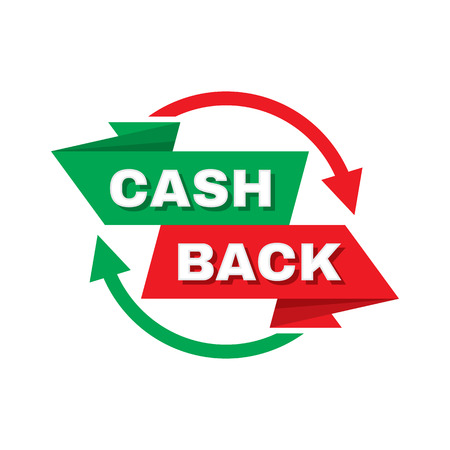 Cash back money refound - concept banner vector illustration. Shopping business badge on white background. Creative layout in origami style with arrows. Emblem label sticker. Graphic design element.のイラスト素材