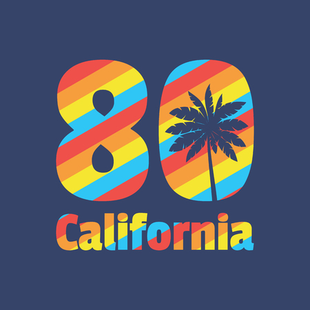 California 80's print production. Palms, sun. Badge logo design. Retro style.のイラスト素材