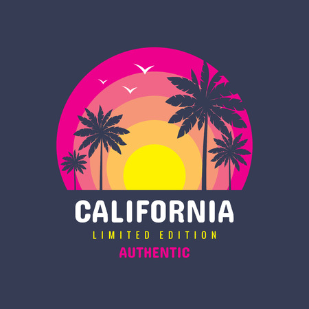 California - concept logo badge vector t-shirt and other design print productions. Summer, sunset, palms, surfing, sea waves. Tropical paradise Long beach. Limited edition. Authenticのイラスト素材