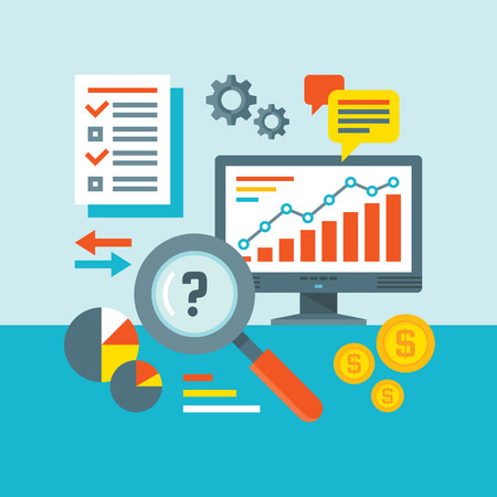 Infographic finance concept vector illustration in flat design style. Web analytics information and development website statistic. Computer, checklist, message, money dollar, gear, arrows. SEO.のイラスト素材
