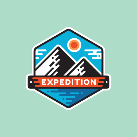 Adventure mountain - concept badge vector illustration. Expedition explorer creative logo in flat style. Discovery outdoor sign. Extreme exploration emblem. Summer camping. Graphic design element.のイラスト素材