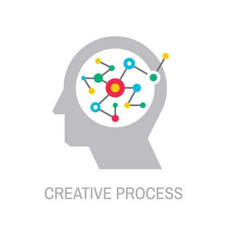 Human head with neuron network - concept business logo template vector illustration. Thinking creative process. Mind brain abstract construction. Graphic design element.のイラスト素材