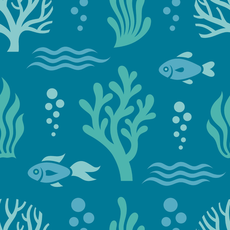 Sea underwater life - seamless pattern. Marine background. Graphic design wallpaper. Blue ornament.のイラスト素材