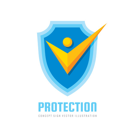 Check mark on shield logo design. Stylized human silhouette sign. Certified badge.のイラスト素材