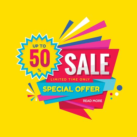 Sale concept banner design. Discount 50% off creative sticker. Abstract geometric poster. Special offer.のイラスト素材