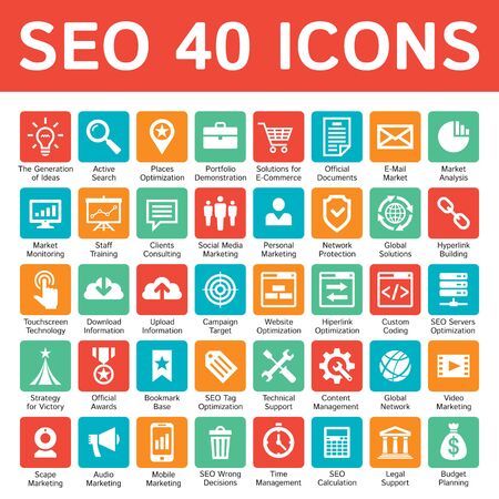 SEO 40 icons design set. Search engine optimization - concept vector sign for presentation, website, brochure. Advertising promotion.のイラスト素材