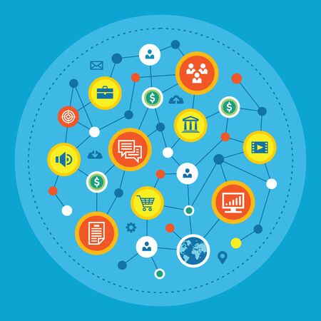 Global communication computer network - concept banner design. Abstract internet layout. Icons set. Infographic computing connection systems.のイラスト素材