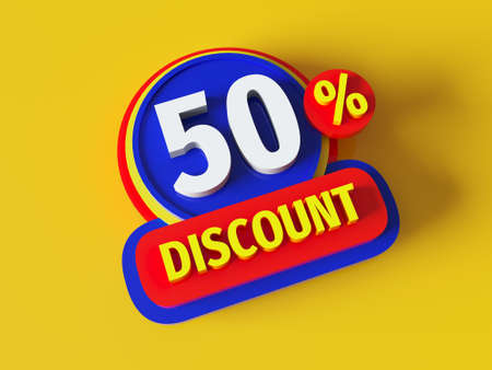 Discount 50% - 3d rendered concept banner badge design. Sale abstract creative layout. Bitmap raster digital illustration poster. Business finance sign. Advertising promotion badge.の写真素材
