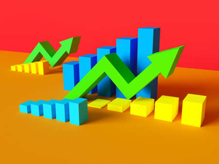 Exchange up growth - 3d rendered illustration. Green arrows infographic layout. Business investment...