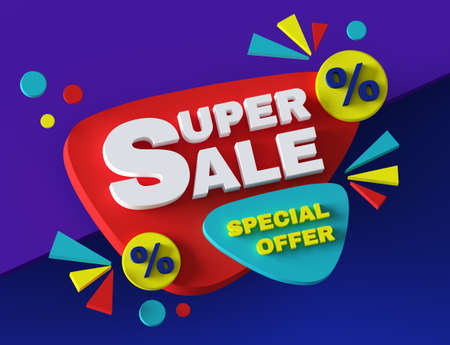 Super sale special offer - 3d advertising concept banner. Discount promotion creative layout. Bright...