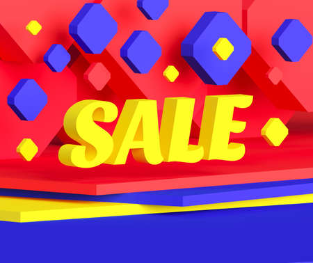 Sale - 3d advertising concept banner. Yellow text on red background. Discount promotion creative...