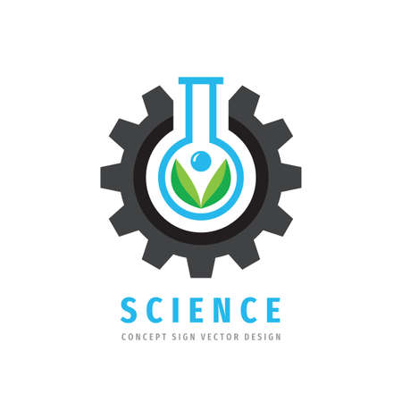 Science logo concept design. Gear, test tube & green leaves creative sign. Cogwheel & flask logo icon. Chemical pharmacology medicine logo. Industrial factory logo. Vector illustration.のイラスト素材