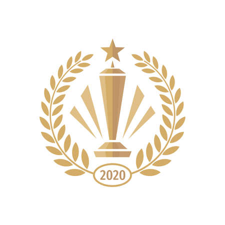 Award winner cup with laurel wreath - vector  template concept illustration in flat style. Star with rays and abstract shapes. Creative sign. Design element.のイラスト素材