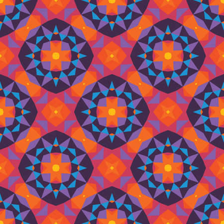 Abstract geometric background. Seamless pattern design. Violet, lilac, blue, orange colors. Mosaic decorative flowers structure. Vector illustration.のイラスト素材