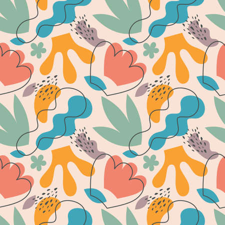 Background contemporary modern art style. Hand draw doodle shapes Abstract seamless pattern. Collage graphic ornament. Pastel colors. Vector illustration.のイラスト素材
