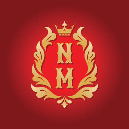 Monogram NM letters - concept logo template design. Crest heraldic luxury logo emblem. Golden leaves and crown. Initials N & M. Vector illustration.のイラスト素材