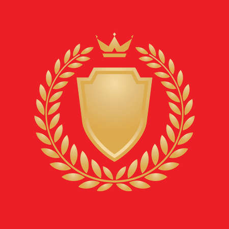Laurel wreath, golden shield and royal crown - concept logo template design. Protection guard security creative sign. Original badge emblem in vintage retro style. Vector illustration.のイラスト素材