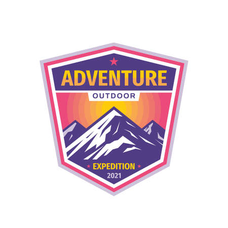 Mountain adventure outdoor badge design. Extreme traveling expedition logo in flat vintage style. Hiking climbing sport training logo. Vector illustration.のイラスト素材