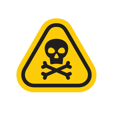 Warning dangerous triangle sign. Human skull & cross bones graphic logo sign. Death concept symbol. Vector illustration.のイラスト素材
