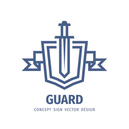 Shield and sword - vector logo template design. Guard shield business concept icon emblem badge. Protection security icon sign. Line art style. Vector illustration.のイラスト素材