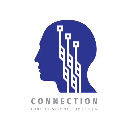 Head brain concept logo design. Computer electronic technology logo sign. Connection communication logo symbol. Corporate identity. Vector illustration.のイラスト素材
