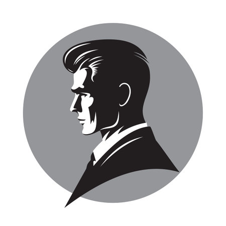 Business man head character logo concept. Man face creative vector illustration in black, white and gray colors. Gentleman profile silhouette symbol. Design element.のイラスト素材
